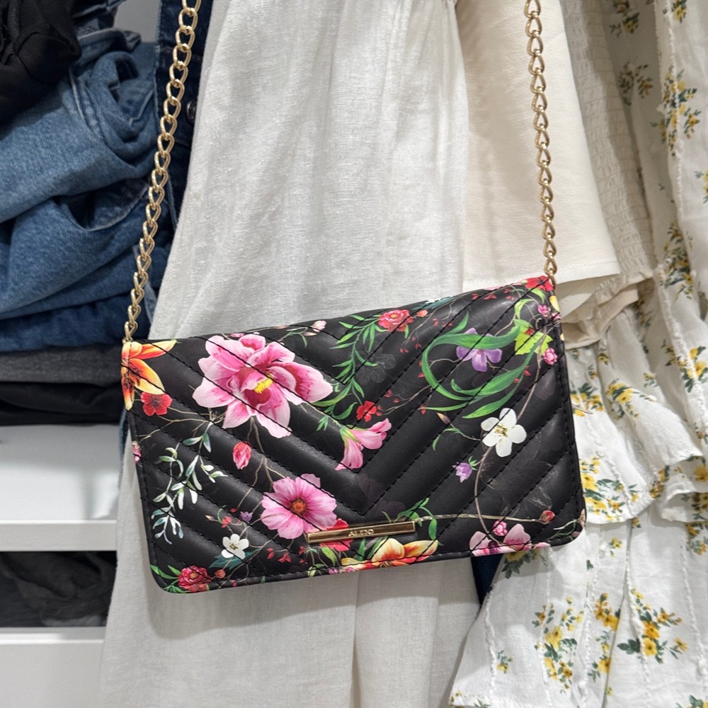 Aldo Black Floral Quilted Crossbody Bag